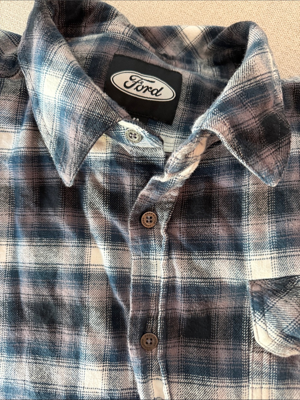 Ford Plaid Flannel Shirt — Blue, White & Black